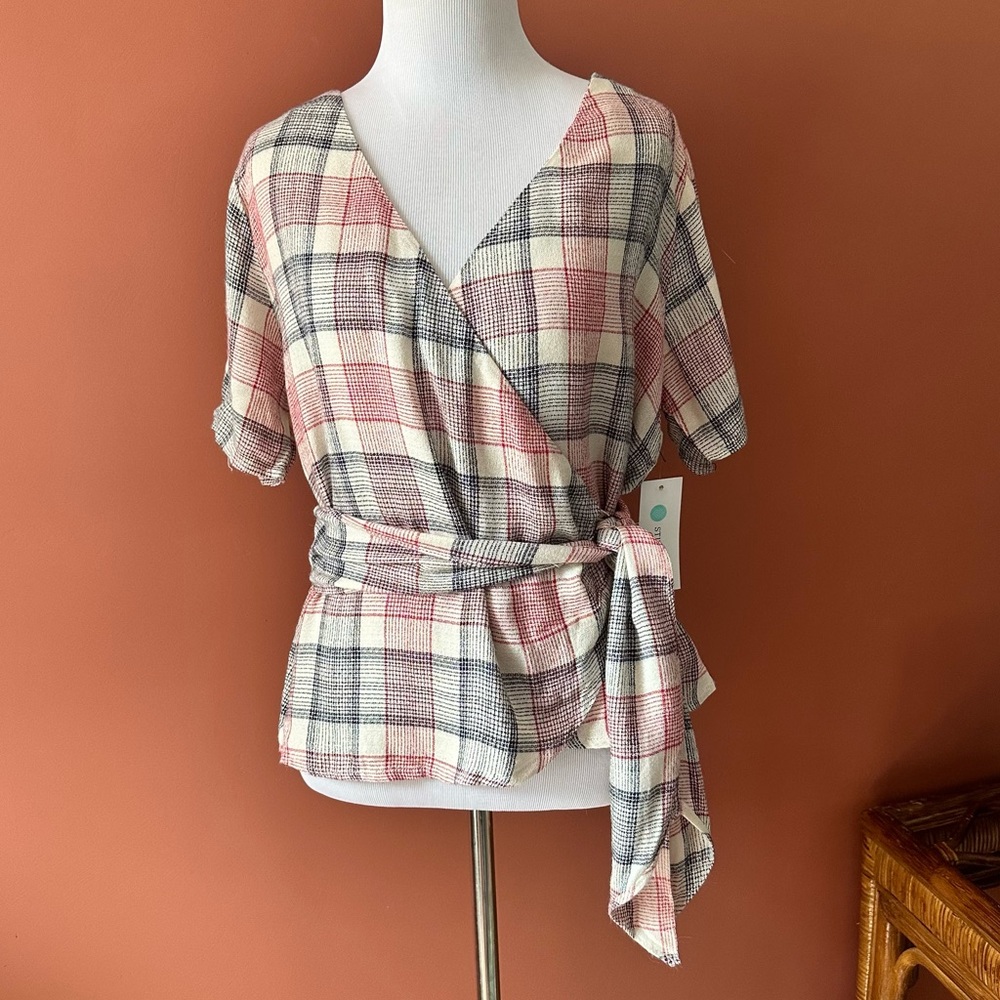NWT Pink Clover for Stitch Fix Plaid Wrap Top